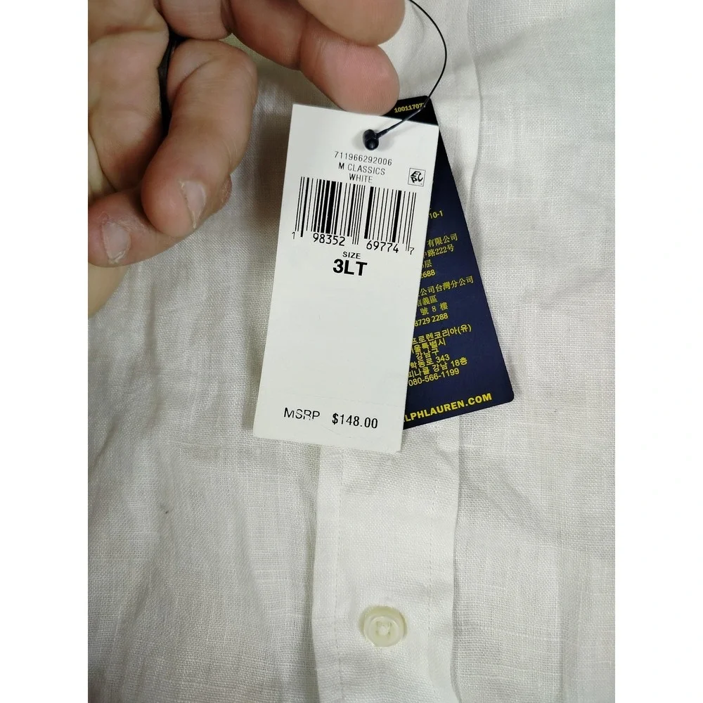 Polo Ralph Lauren Shirt Mens Big 3XLT White Linen Long Sleeve Button Down Casual